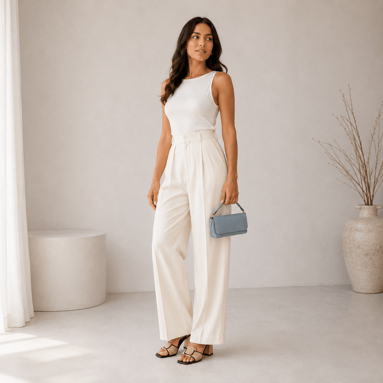 Pochette Venus Azur – Model hält azurblaue Leder Clutch in der Hand, eleganter Sommeroutfit weißer Hintergrund | LiBEAU
