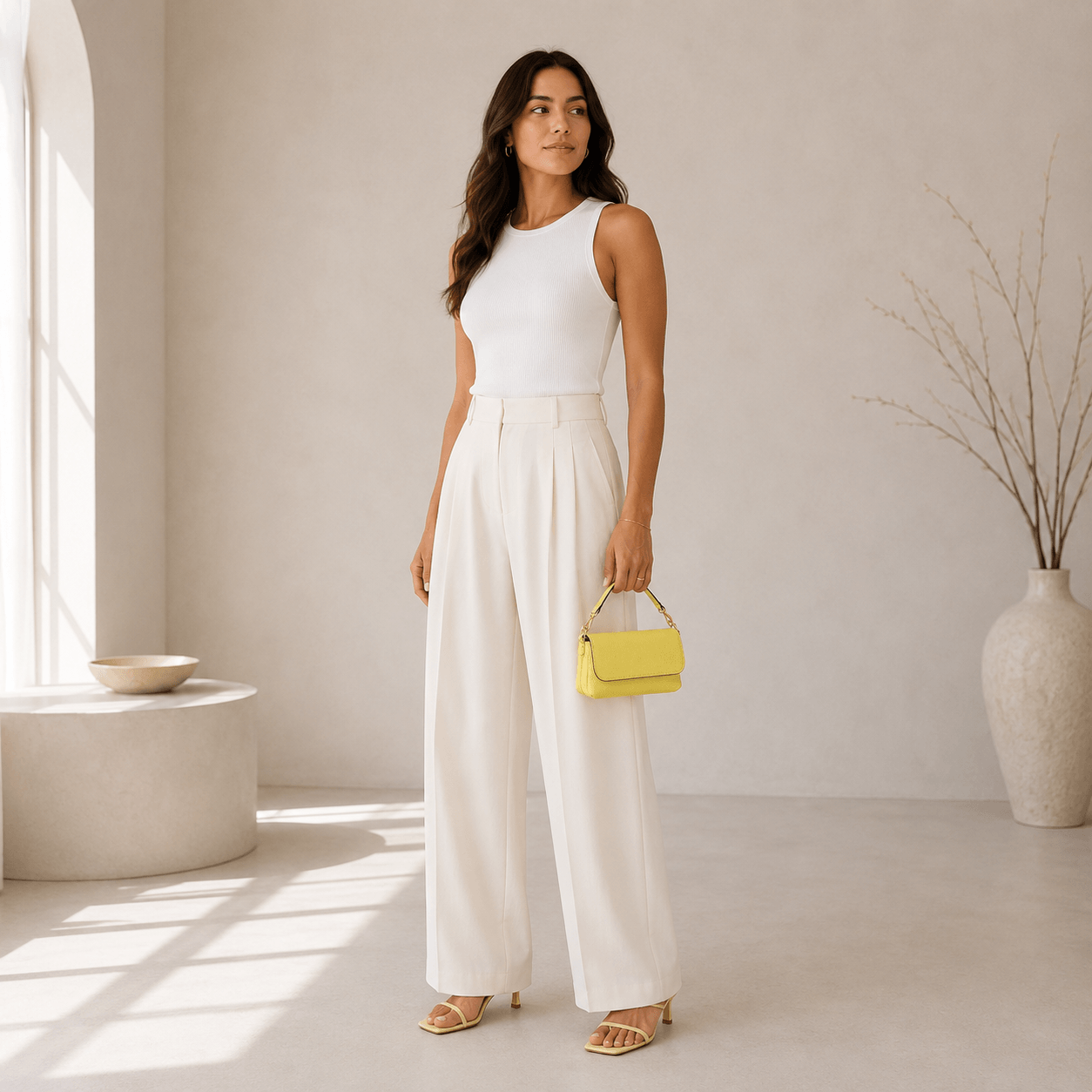 Pochette Venus Lemon – Model trägt gelbe Leder Umhängetasche am Henkel, sommerlicher weißer Look | LiBEAU
