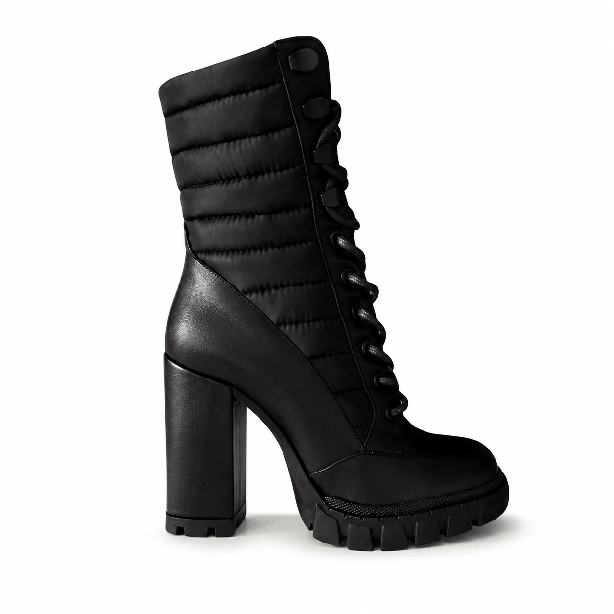 Rachel Boots – LiBEAU Damen Plateau Stiefeletten Schwarz Leder Textil, gesteppter Schaft mit Schnürung und Blockabsatz, Seitenansicht | LiBEAU

