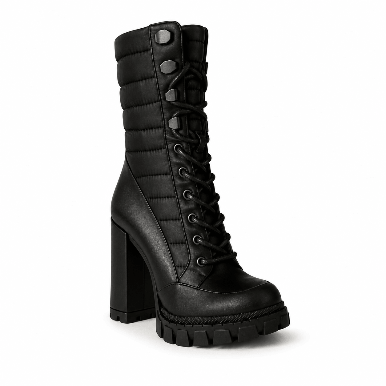 Rachel Boots – LiBEAU Schwarze Plateau Stiefeletten Frontansicht, gesteppter Schaft mit Metallösen-Schnürung und Profilsohle | LiBEAU
