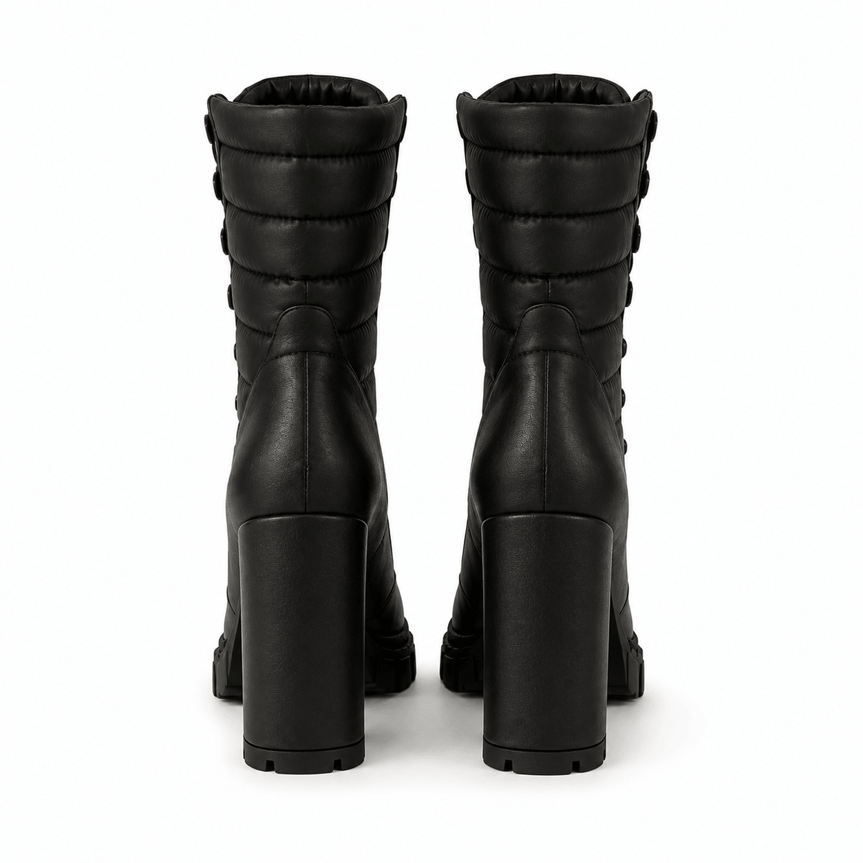 Rachel Boots – LiBEAU Detailansicht Rückansicht Schwarze Plateau Stiefeletten Paar, massiver Blockabsatz und winterfeste Profilsohle | LiBEAU
