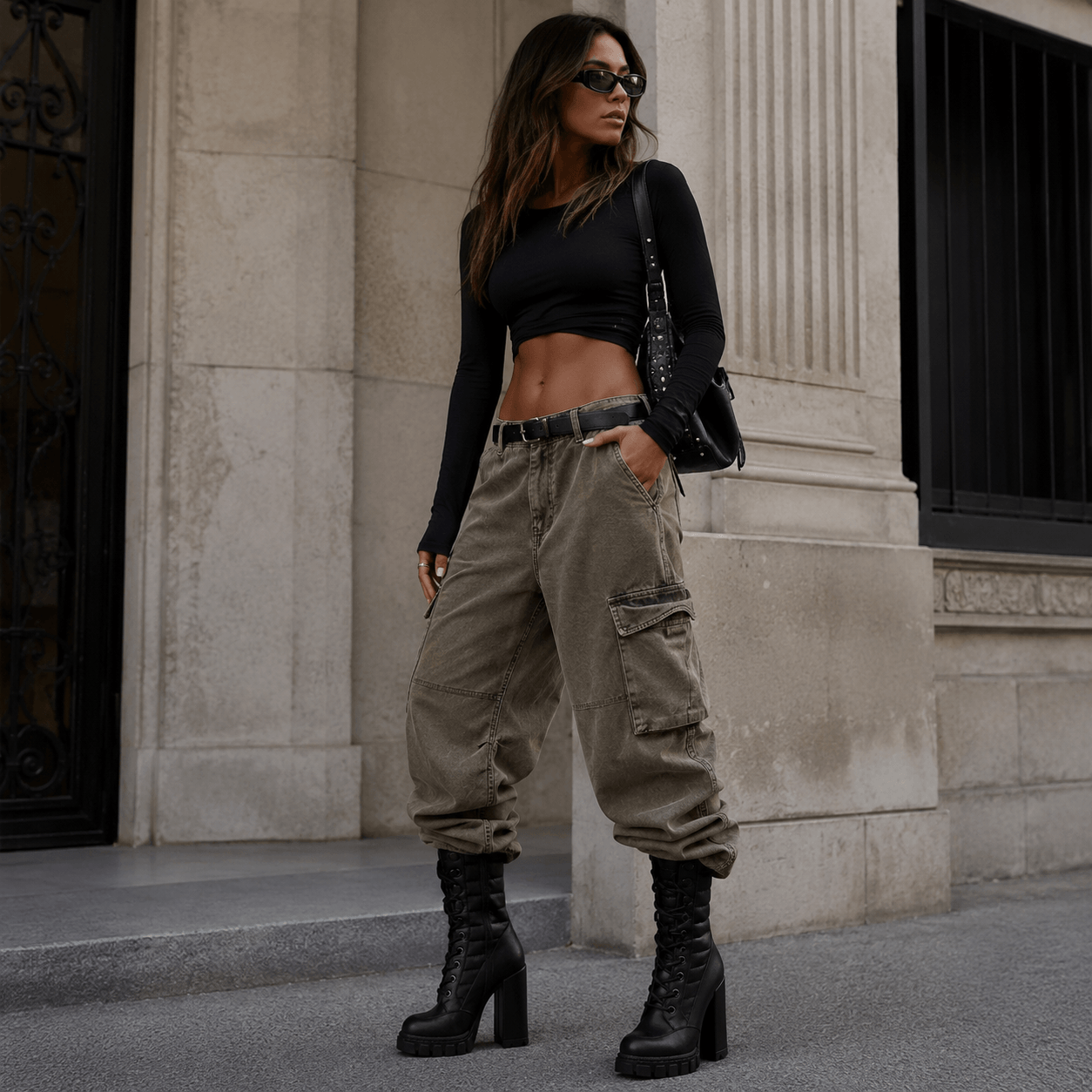 Rachel Boots – LiBEAU Damen trägt schwarze Plateau Stiefeletten zu Cargo-Hose und schwarzem Crop-Top in Paris, kraftvoller lässiger Urban Editorial Look | LiBEAU
