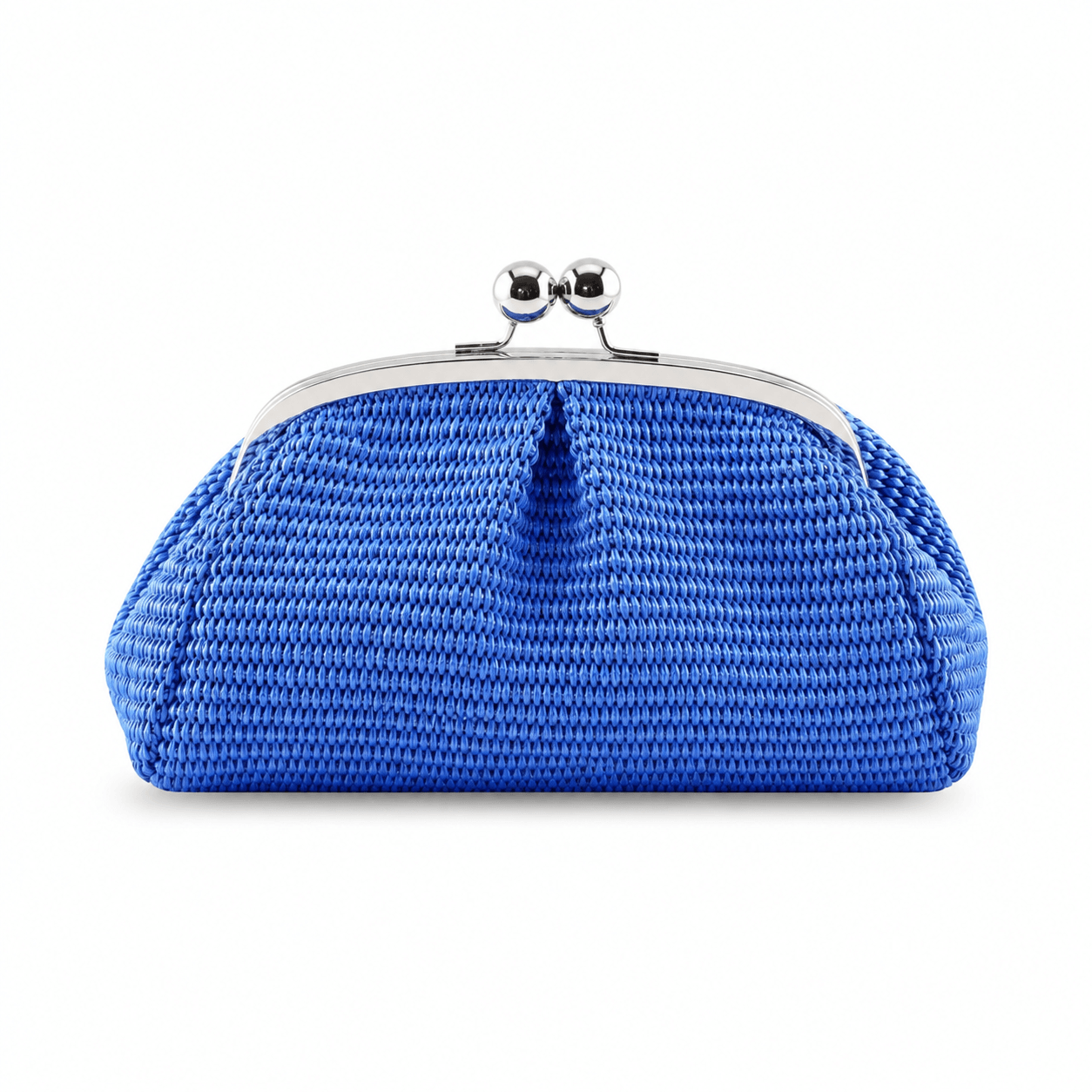 Clutch Raffia Bluettone – LiBEAU Damen Clutch Royalblau strukturiertes Raffia-Geflecht mit Silber-Bügelverschluss und Kugelknöpfen, Frontansicht | LiBEAU

