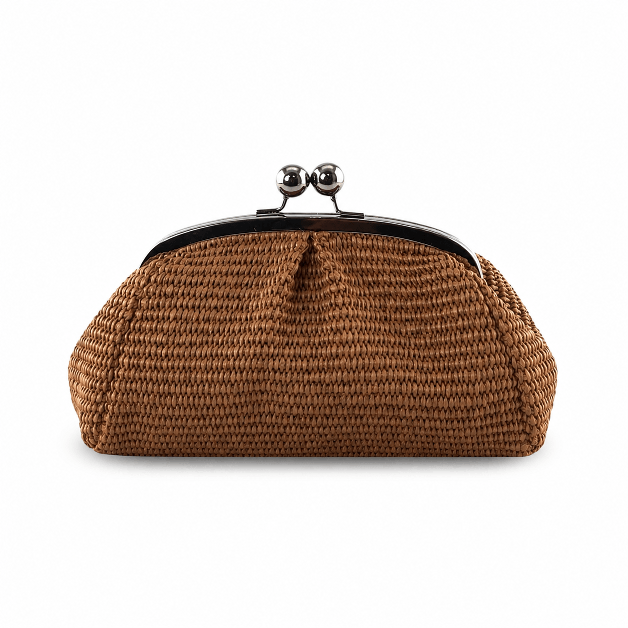 Clutch Raffia Mattone – LiBEAU Damen Clutch Terrakotta-Braun strukturiertes Raffia-Geflecht mit Silber-Bügelverschluss und Kugelknöpfen, Frontansicht | LiBEAU
