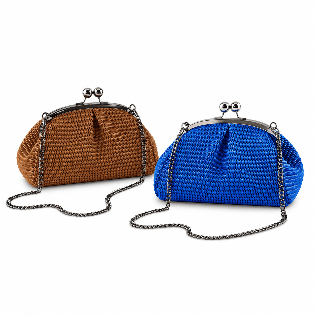 Clutch Raffia – LiBEAU Damen Raffia-Clutch mit Bügelverschluss in beiden verfügbaren Farben Mattone Terrakotta-Braun und Royalblau, jeweils mit abnehmbarer Silberkette | LiBEAU
