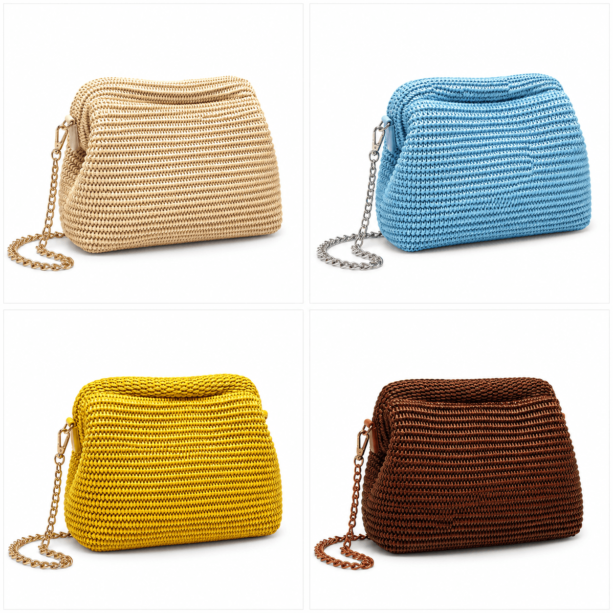 Clutch Raffia – LiBEAU Damen Raffia-Clutch in allen verfügbaren Farben Beige, Hellblau, Gelb und Braun, jeweils mit passender Metallkette | LiBEAU
