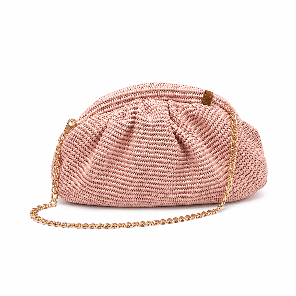 Clutch Raffia Rosé L – LiBEAU Damen Clutch Rosa Raffia mit abnehmbarer Goldkette als Schulterriemen, Schräg-Frontansicht | LiBEAU
