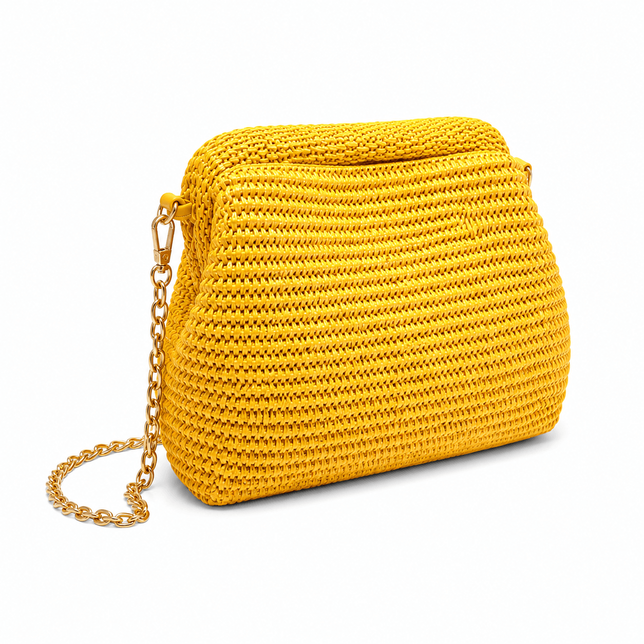 Clutch Raffia Sunkissed – LiBEAU Damen Clutch Gelb Raffia mit abnehmbarer Goldkette und Goldkarabiner als Schulterriemen, Schräg-Seitenansicht | LiBEAU

