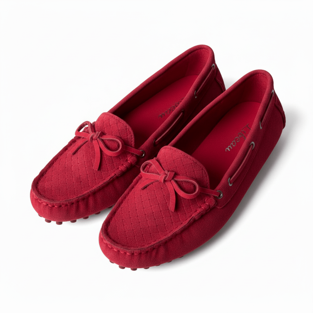 Red Berry Mokassin – LiBEAU Rote Wildleder Loafer Paar, Flechtmuster und Schleife mit Silberöse, schräge Frontansicht | LiBEAU
