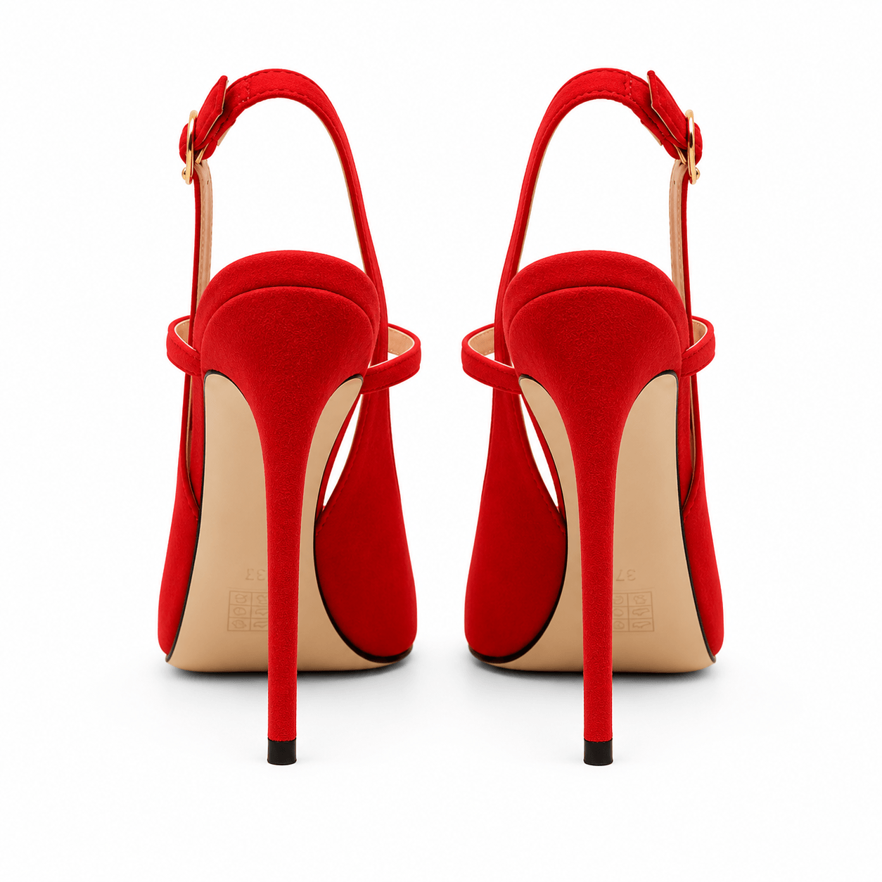 Red Seduction Sling Pumps – LiBEAU rote Suede Slingpumps seitlich, schlanker 11,5 cm Metallabsatz und Slingback-Riemen, Seitenansicht | LiBEAU
