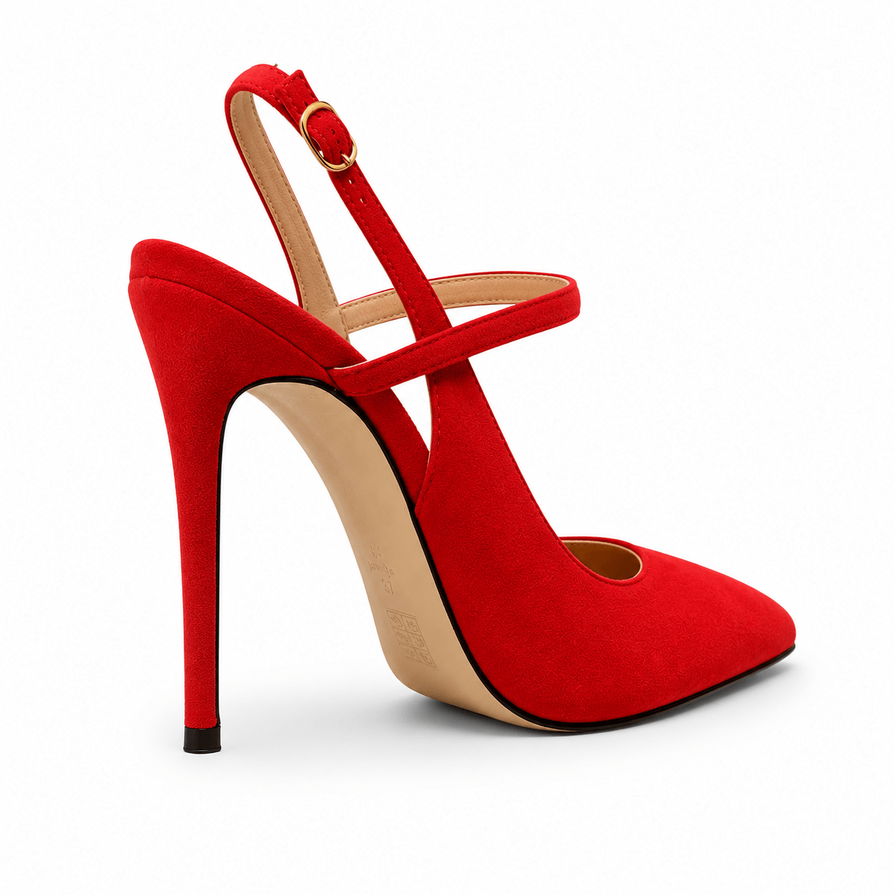 Red Seduction Sling Pumps – LiBEAU Detailansicht 11,5 cm Metallabsatz und Slingback-Riemen Rot Suede | LiBEAU
