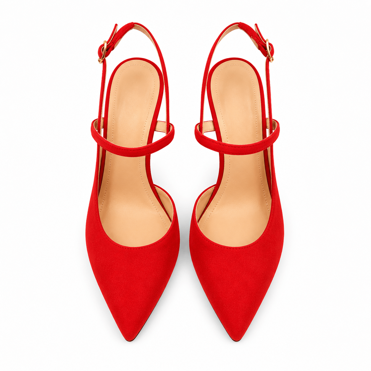 Red Seduction Sling Pumps – LiBEAU rote Suede Slingpumps von oben, spitze Zehenpartie und offene Ferse | LiBEAU
