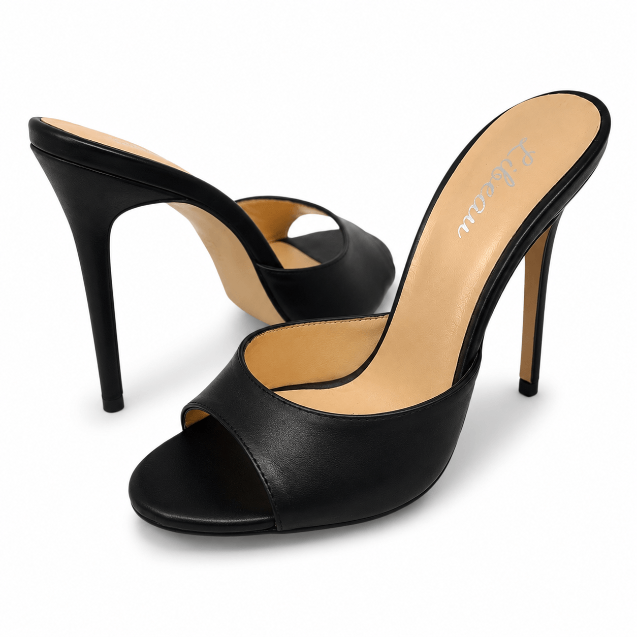 Roxy Mules – LiBEAU schwarze High Heel Mules mit offener Zehenpartie und 11 cm Absatz aus Leder, Produktansicht | LiBEAU
