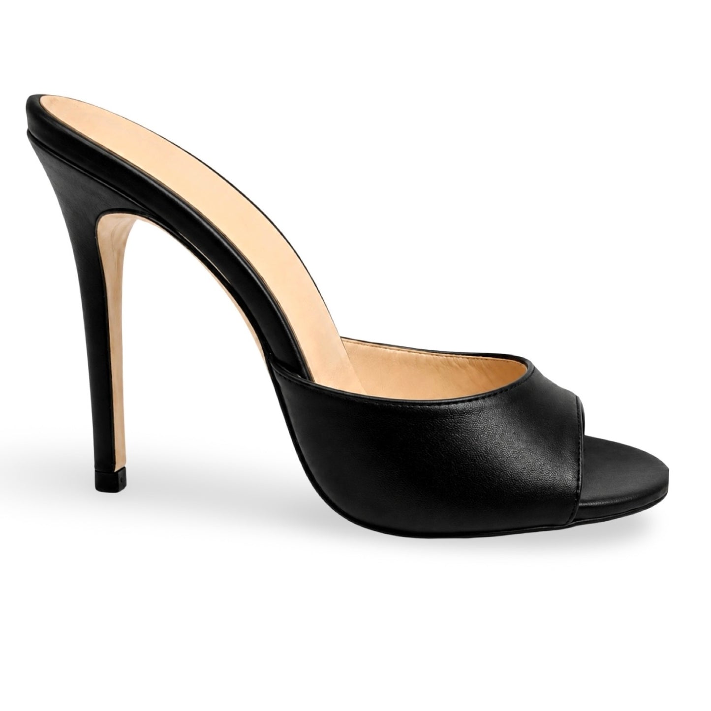 Roxy Mules – LiBEAU schwarze Leder-Mules seitlich, eleganter 11 cm Stiletto-Absatz, Seitenansicht | LiBEAU
