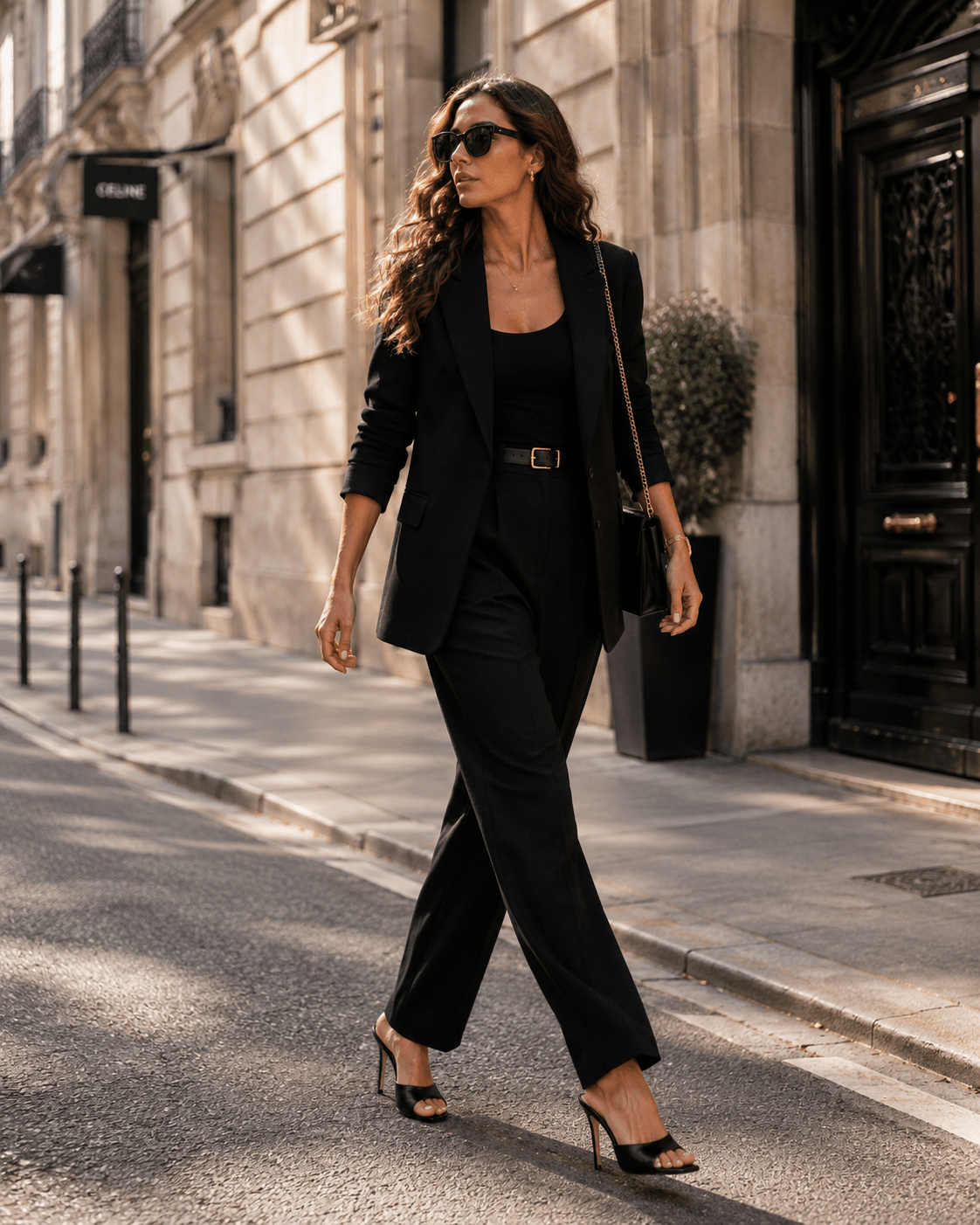 Roxy Mules – LiBEAU Damen trägt schwarze High Heel Mules Roxy, minimalistischer eleganter Editorial Look | LiBEAU
