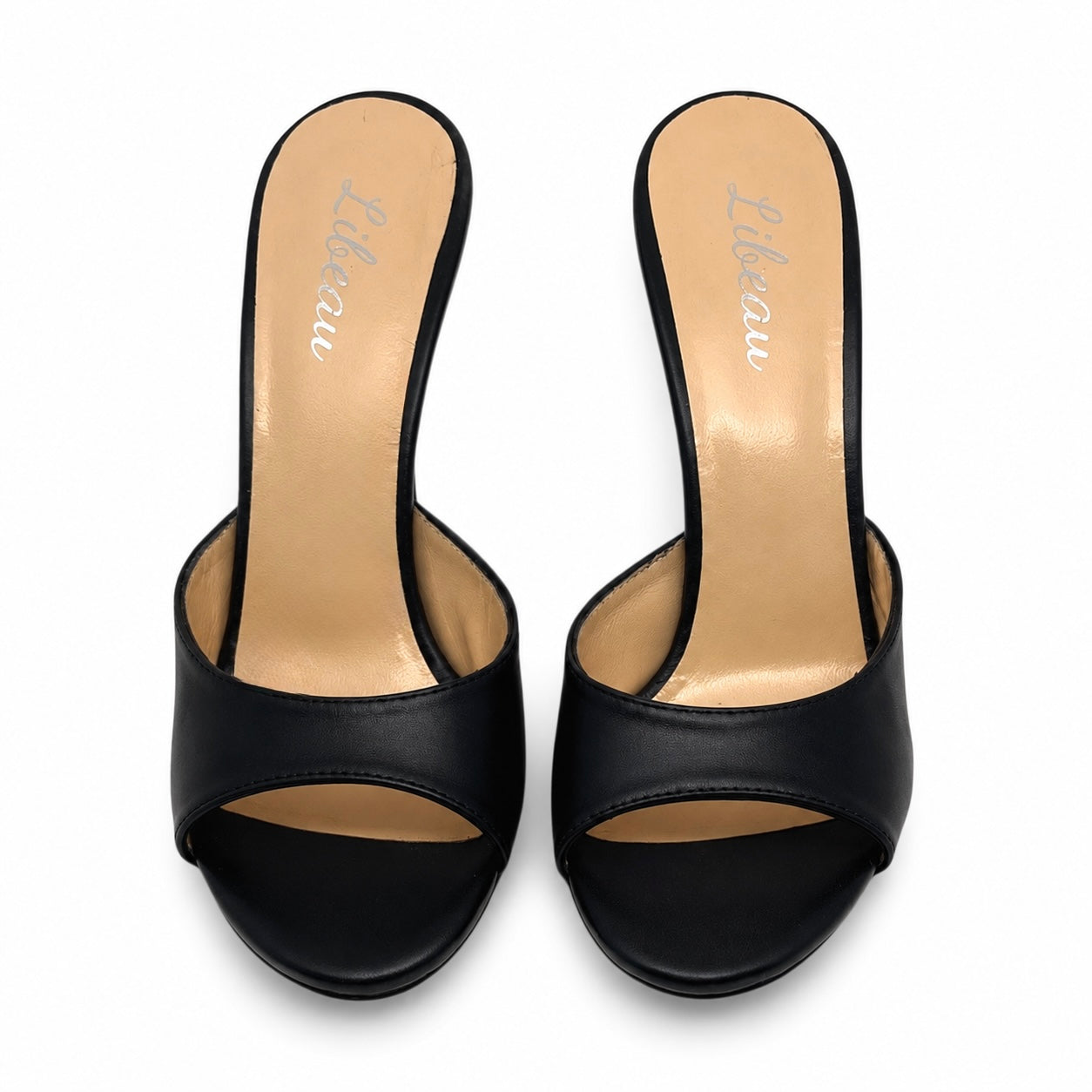 Roxy Mules – LiBEAU schwarze Leder-Mules von oben, offene Zehenpartie minimalistisches Design, Draufsicht | LiBEAU
