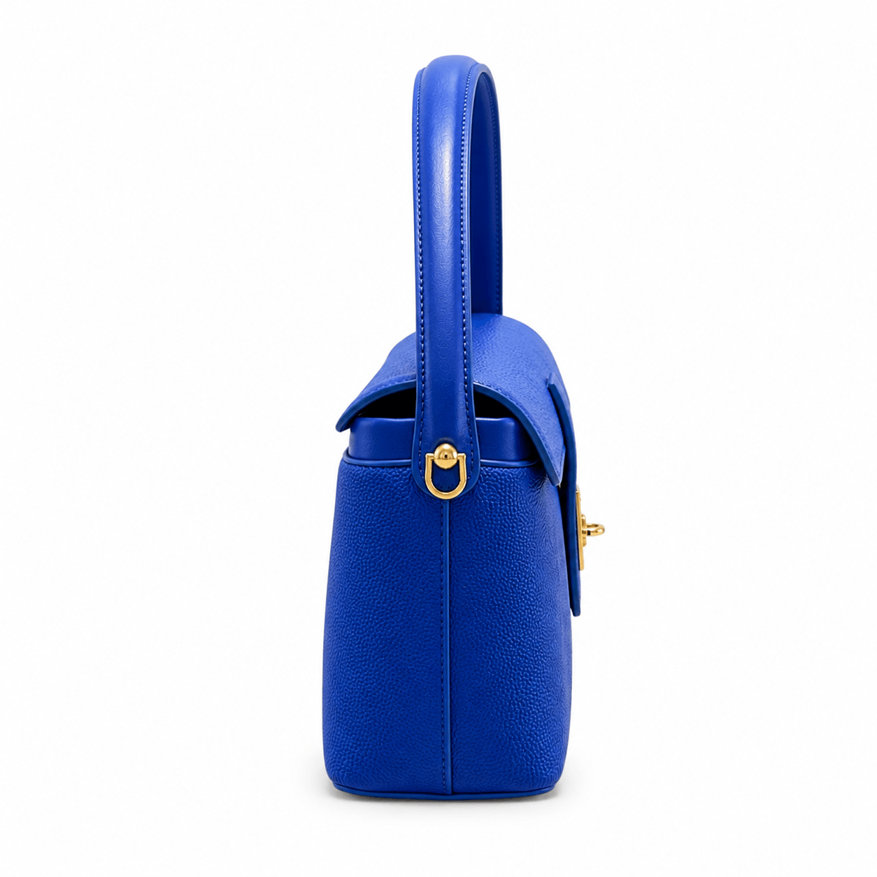 Handbag Royal – Royalblaue Henkeltasche Seitenansicht mit Golddetails | LiBEAU
