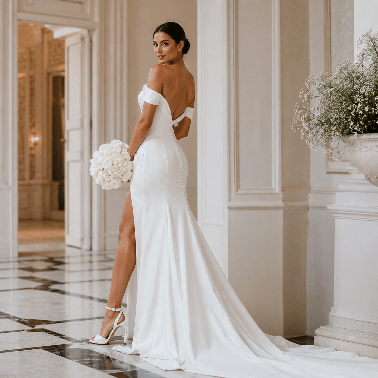 She Said Yes! Sandals – LiBEAU Braut trägt weiße High Heel Riemchensandalen, strahlender zeitloser Hochzeits-Editorial Look | LiBEAU
