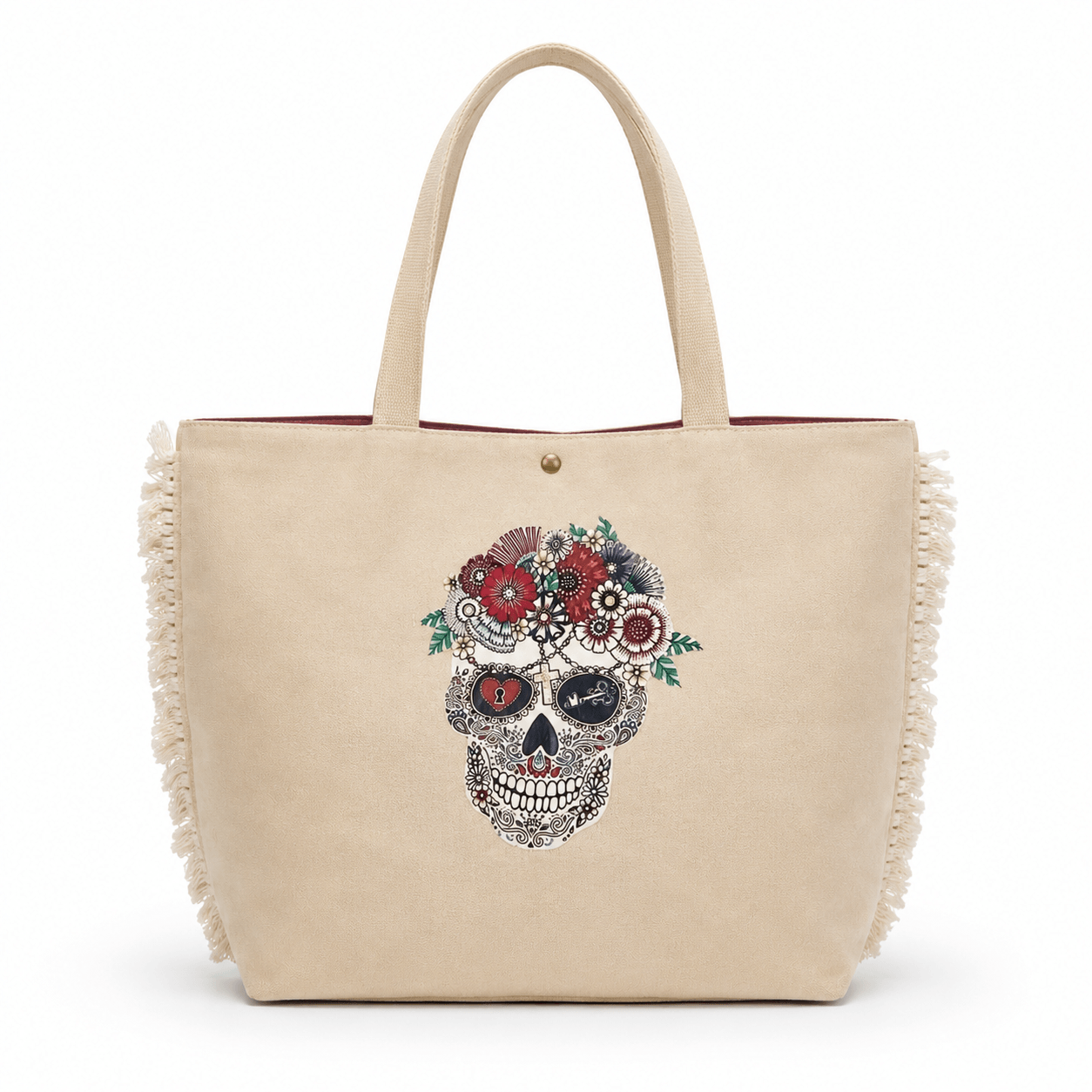 Shoulder Bag Henry – Große Damen Shopper Beige aus Naturstoff mit Boho Sugar Skull Aufdruck und Fransen an den Seiten, Frontansicht | LiBEAU
