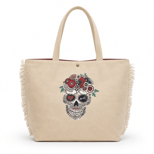 Shoulder Bag Henry – Große Damen Shopper Beige aus Naturstoff mit Boho Sugar Skull Aufdruck und Fransen an den Seiten, Frontansicht | LiBEAU
