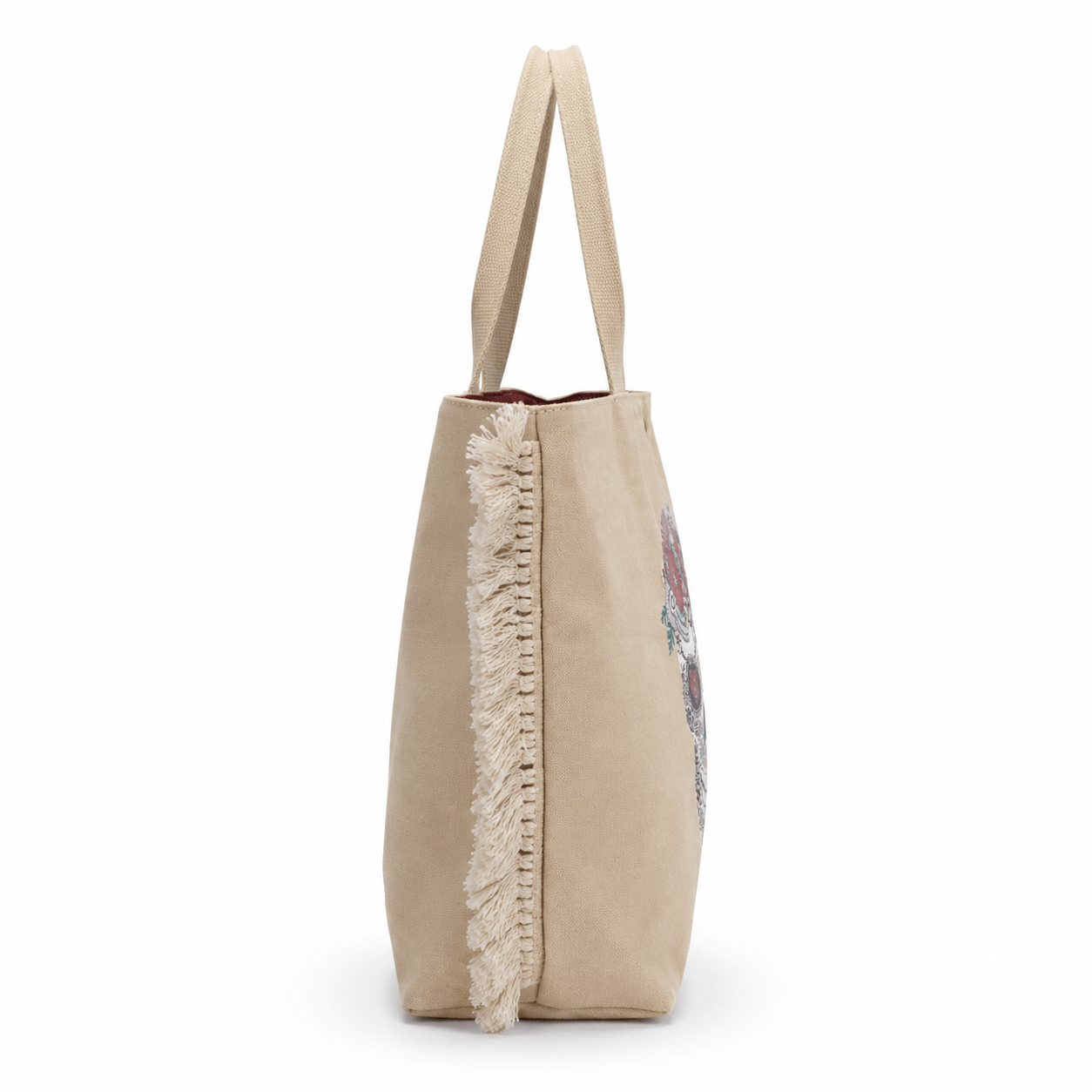 Shoulder Bag Henry – Seitenansicht der beigen Naturstoff-Shopper mit dekorativen Fransen und rotem Innenfutter | LiBEAU

