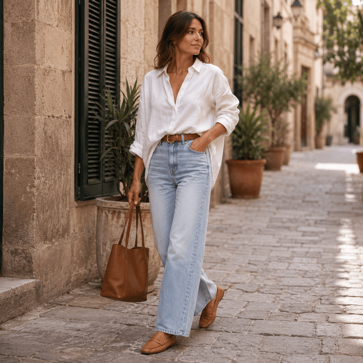 Sienna Mokassin – LiBEAU Damen trägt Cognac Caramel Leder Penny Loafer zu hellen Wide-Leg Jeans und weißem Leinenhemd auf mediterranem Kopfsteinpflaster, lässiger sommerlicher Editorial Look | LiBEAU
