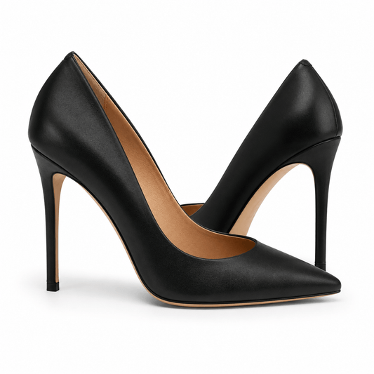 Simply Black Pumps – LiBEAU Damen High Heel Pumps in Schwarz aus Leder, seitliche Ansicht mit elegantem 10 cm Absatz | LiBEAU
