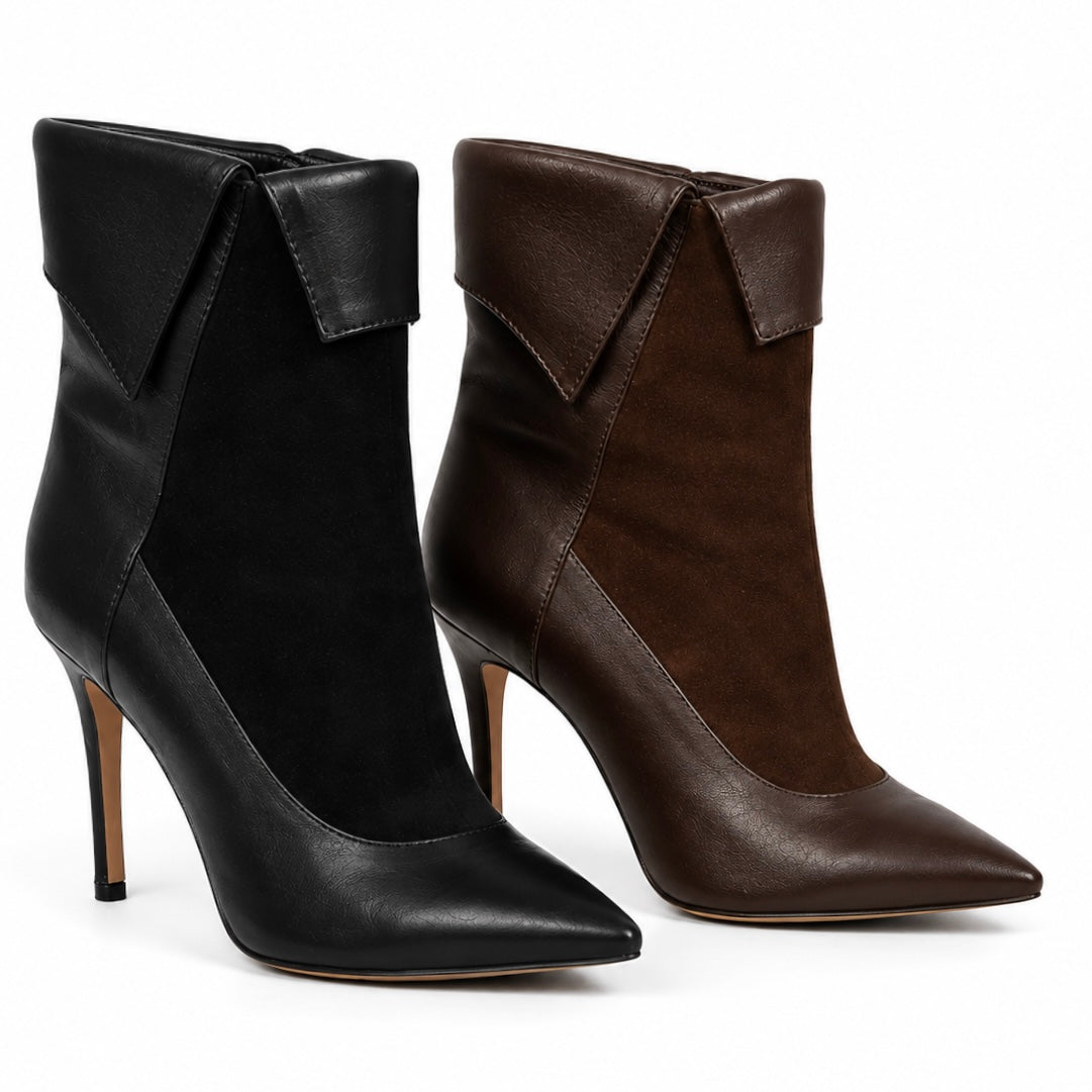 Mamba Stiefeletten – LiBEAU Damen Ankle Boots Dunkelbraun und Schwarz Leder Wildleder Mix, 10 cm Stiletto-Absatz, Rückansicht Paar | LiBEAU
