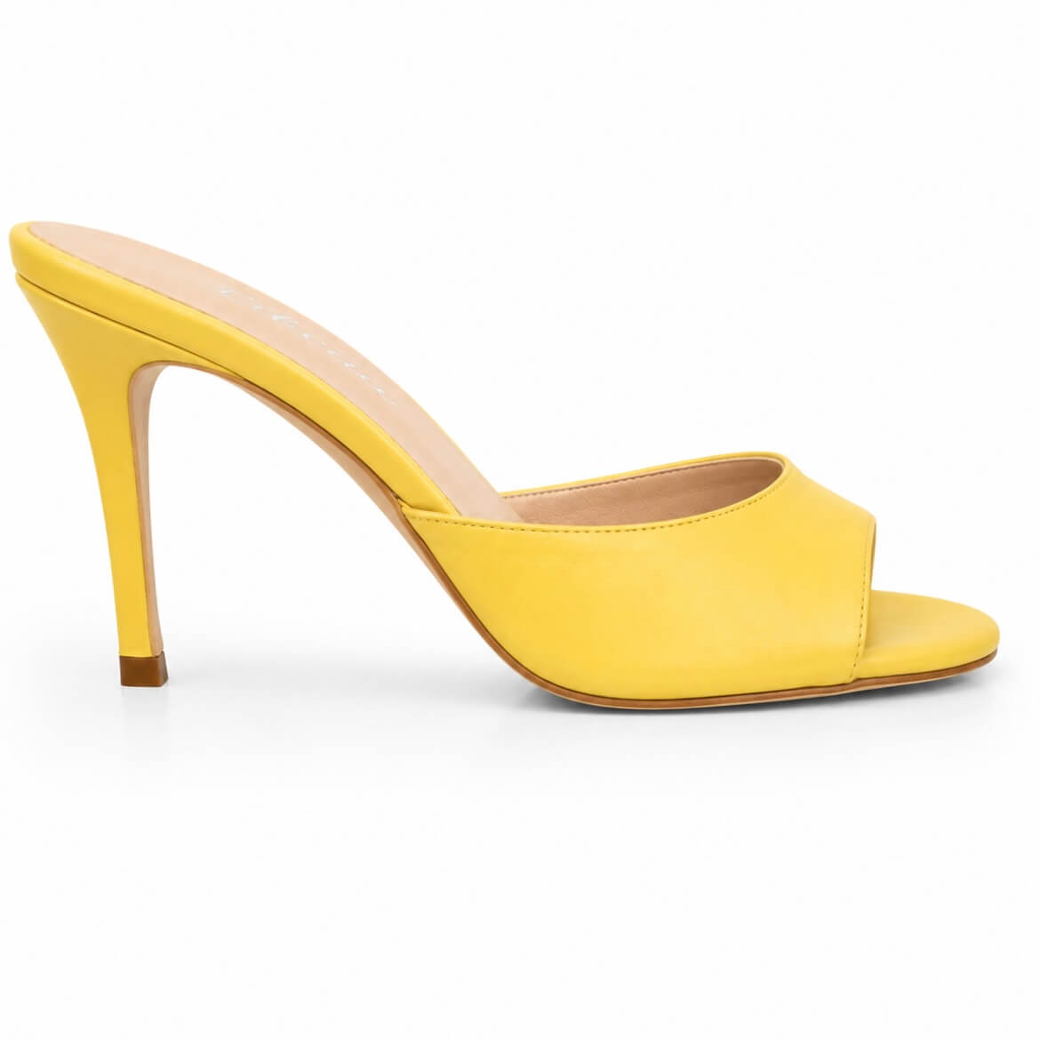 Sunnyside Mules – LiBEAU gelbe Leder-Mules seitlich, eleganter 8 cm Absatz Pastell-Lemon, Seitenansicht | LiBEAU

