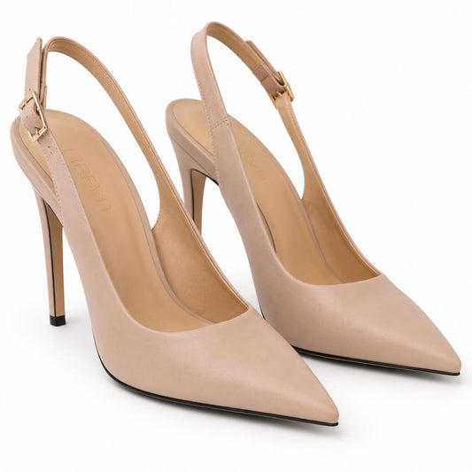 Tammy Sling Pumps – LiBEAU Damen Slingpumps in Nudé/Beige aus Leder mit 10 cm Absatz und Slingback-Riemen, Produktansicht | LiBEAU
