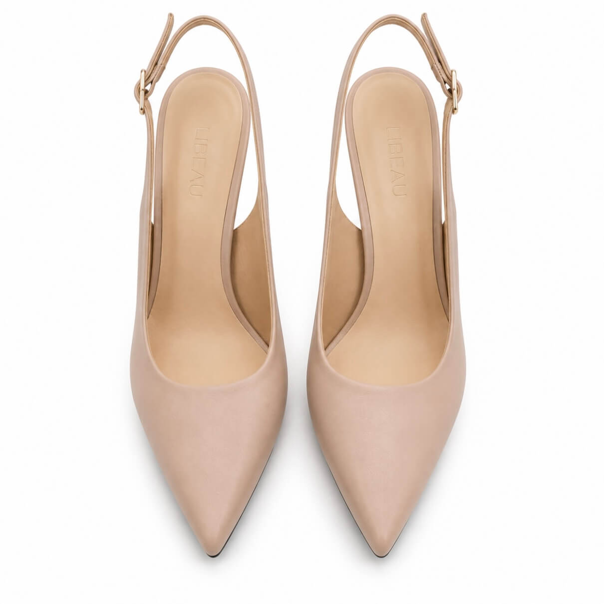 Tammy Sling Pumps – LiBEAU nudéfarbene Leder-Slingpumps Draufsicht frontal, offene Zehenpartie und klassischer Slingback-Riemen Detail | LiBEAU
