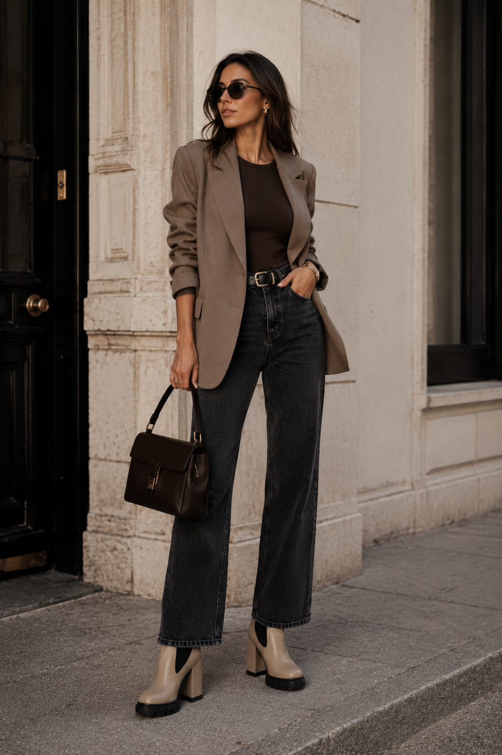 Tara Boots – LiBEAU Damen trägt Taupe Leder Plateau Stiefeletten zu Jeans und Blazer, zeitloser eleganter Editorial Look | LiBEAU

