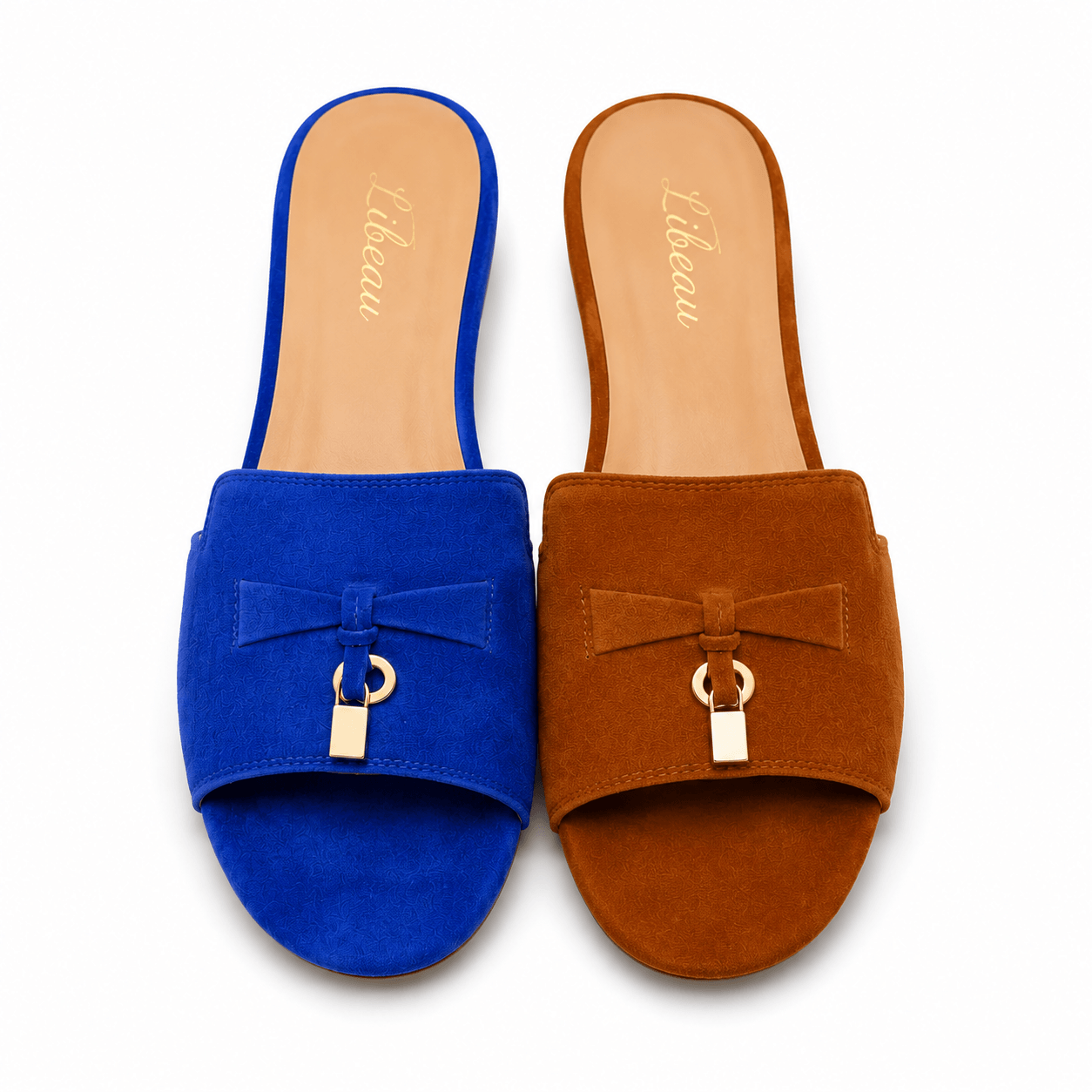 Tawny Classic Slipper – LiBEAU Damen Wildleder-Slipper in Cognac mit goldener Schnalle und Royalblau mit silberner Schnalle, Farbübersicht beide Varianten | LiBEAU
