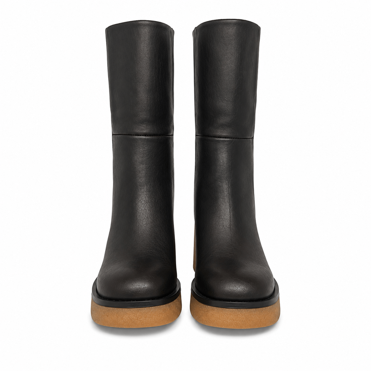 Terra Boots – LiBEAU Dunkelbraun Leder Stiefeletten Paar, halbhoher Schaft mit quadratischer Zehenpartie und heller Plateau-Profilsohle, Frontansicht | LiBEAU
