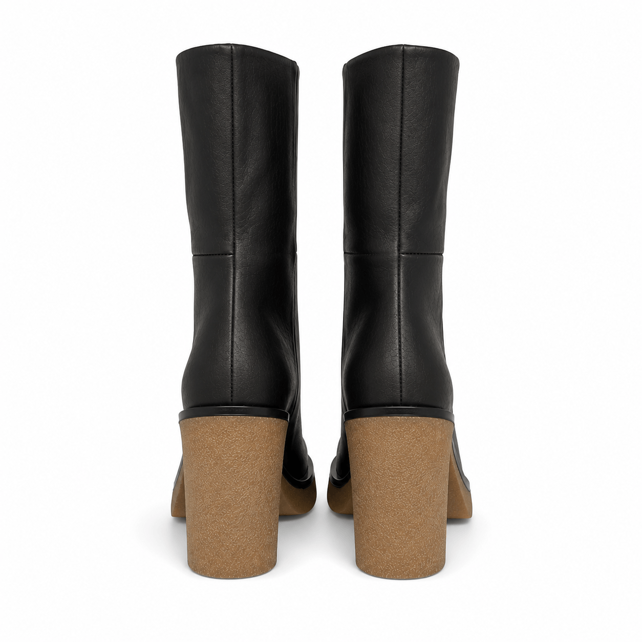 Terra Boots – LiBEAU Detailansicht Front und Rückansicht Dunkelbraun Leder Stiefeletten Paar, massiver 9 cm Blockabsatz mit heller Kork-Profilsohle | LiBEAU
