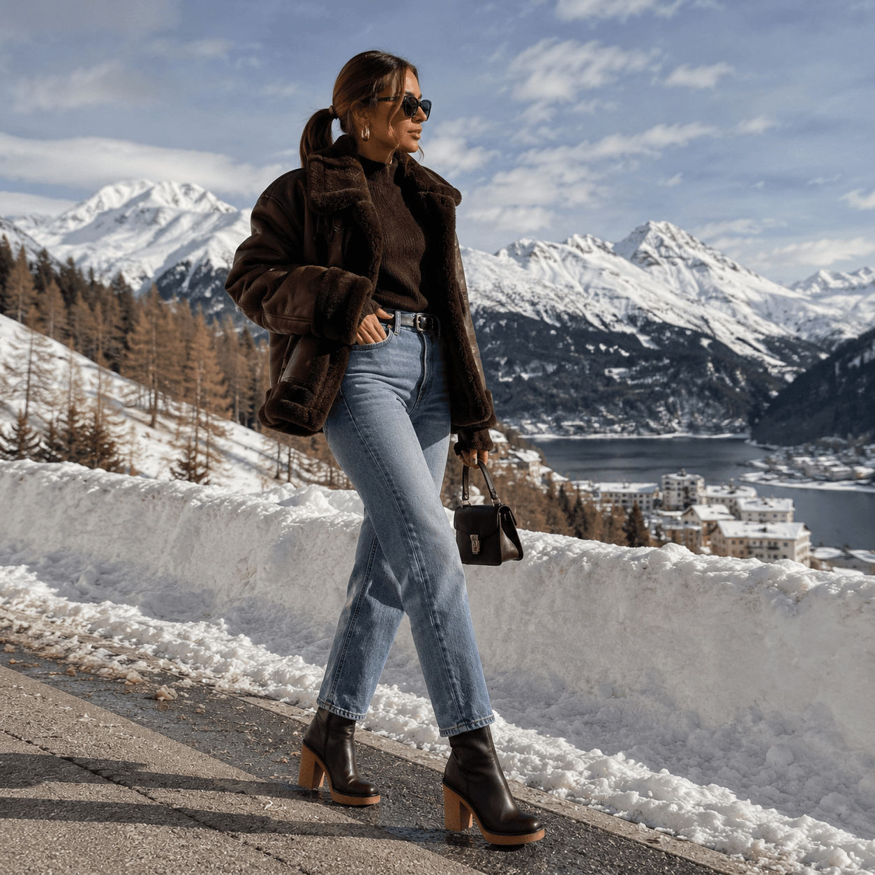 Terra Boots – LiBEAU Damen trägt Dunkelbraun Leder Stiefeletten zu Jeans und dunkelbrauner Felljacke in verschneiter Alpenlandschaft, zeitloser luxuriöser Winter Editorial Look | LiBEAU
