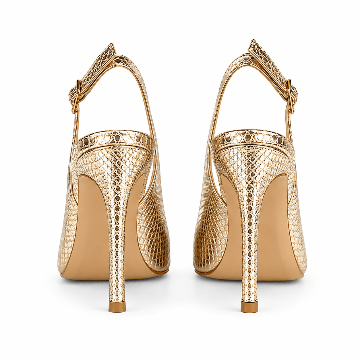 Tory Sling Pumps – LiBEAU 10 cm Stiletto-Absatz Gold Leder, Detailansicht Absatz und Slingback-Riemen | LiBEAU
