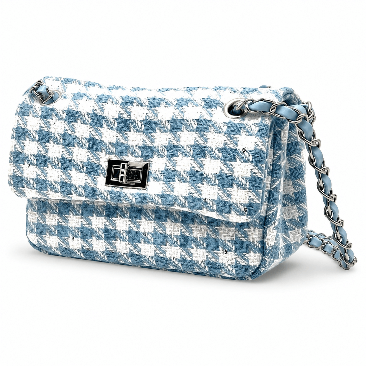 Clutch Tweed Blue – Damen Umhängetasche Tweed Karomuster Blau mit Silberverschluss und Kettenriemen, Schrägansicht | LiBEAU
