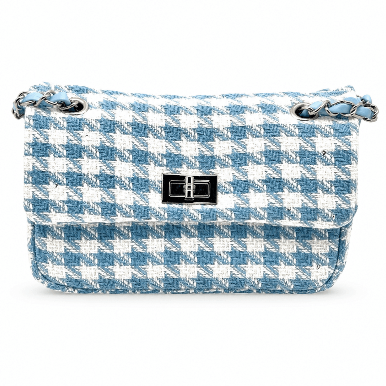 Clutch Tweed Blue – Damen Abendtasche im Karomuster Blau-Weiß mit Silber-Kettenriemen, Frontansicht | LiBEAU

