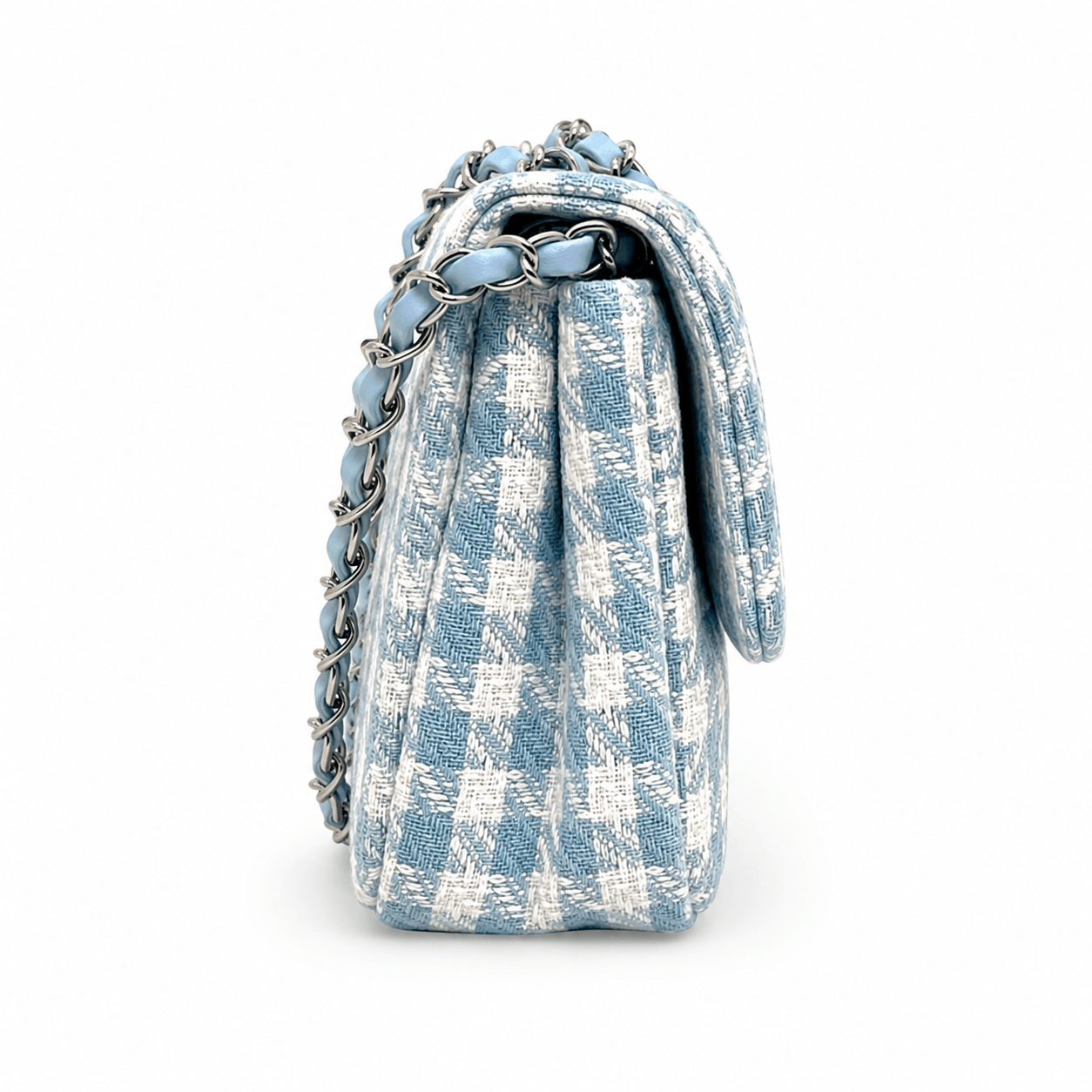 Clutch Tweed Blue – Tweed Clutch Blau-Weiß Karo mit Silber-Leder-Kettenriemen, Seitenansicht | LiBEAU
