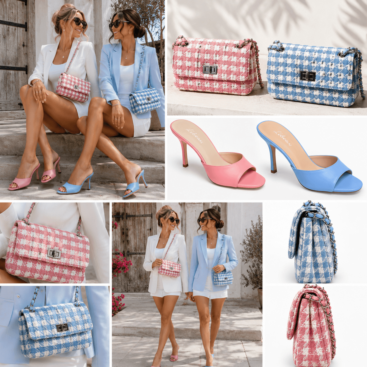 Clutch Tweed Rosé und Clutch Tweed Blue – Kollage mit Modelfotos, Produktansichten und passenden Heels in Rosa und Blau | LiBEAU
