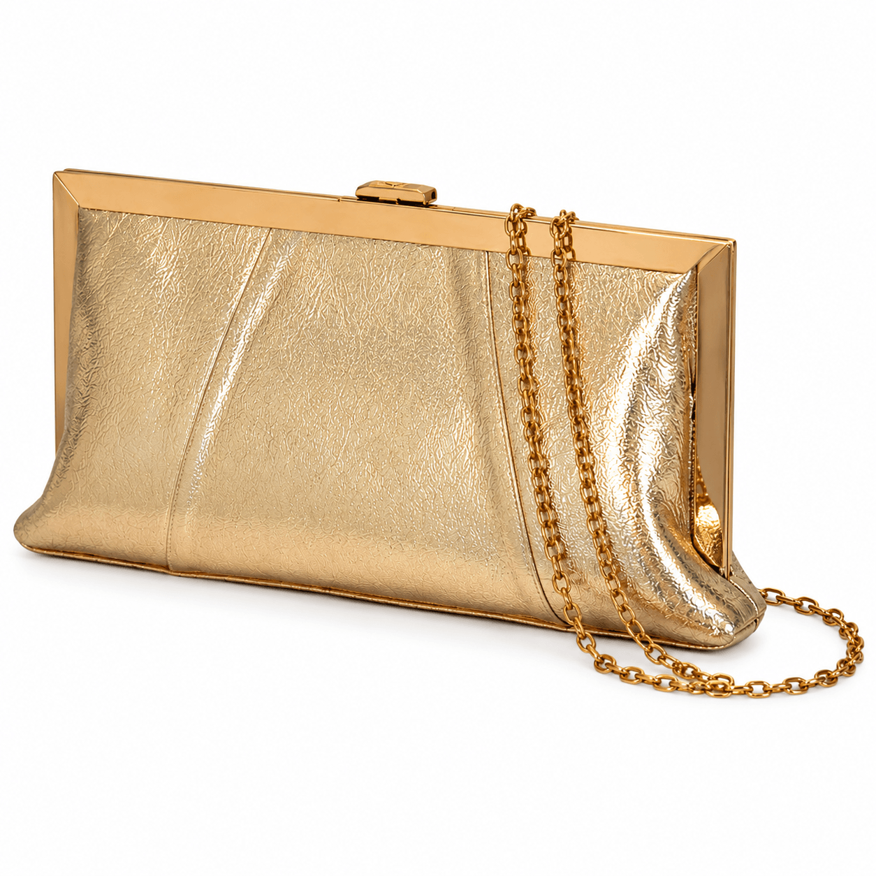 Wedding Clutch Gold – Goldene Clutch mit abnehmbarer Goldkette und goldenem Metallrahmen, Schrägansicht | LiBEAU
