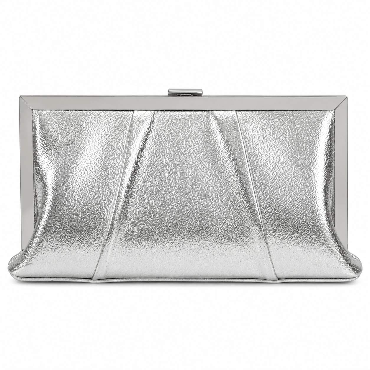 Wedding Clutch Silver – Silberne Abendtasche mit strukturiertem Metallic-PU, silbernem Metallrahmen und Druckknopfverschluss, Frontansicht | LiBEAU

