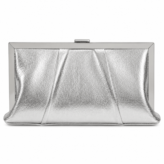 Wedding Clutch Silver – Silberne Abendtasche mit strukturiertem Metallic-PU, silbernem Metallrahmen und Druckknopfverschluss, Frontansicht | LiBEAU
