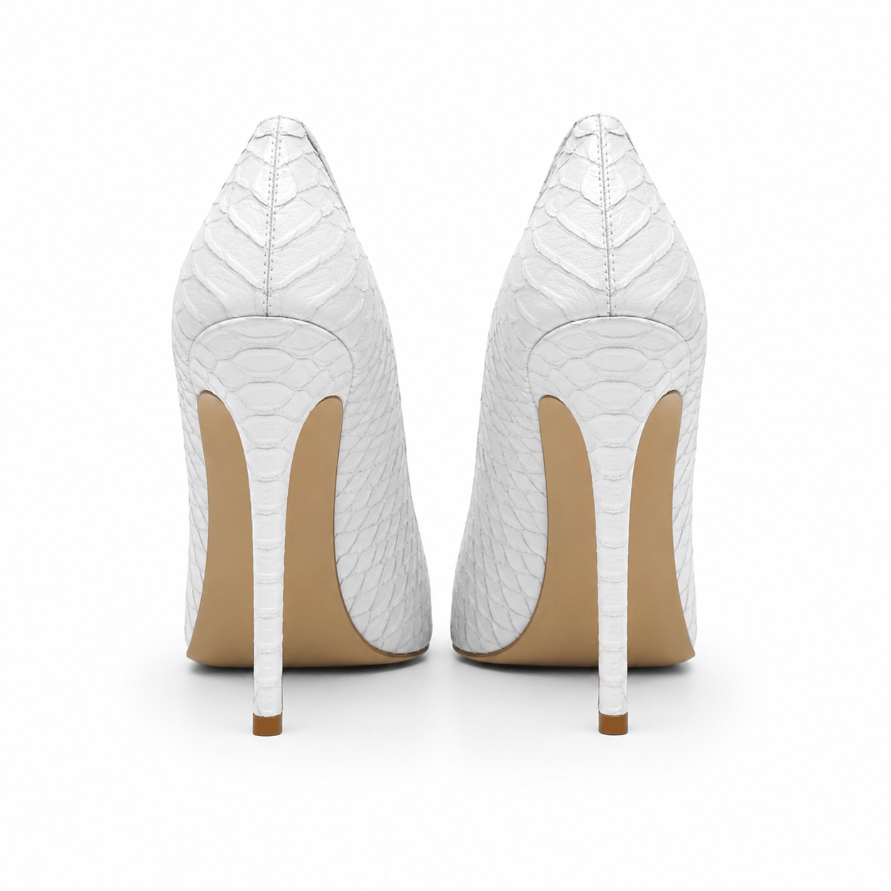 White Lady Pumps – LiBEAU Detailansicht Snake-Optik Leder in Weiß, 11,5 cm Metallabsatz | LiBEAU
