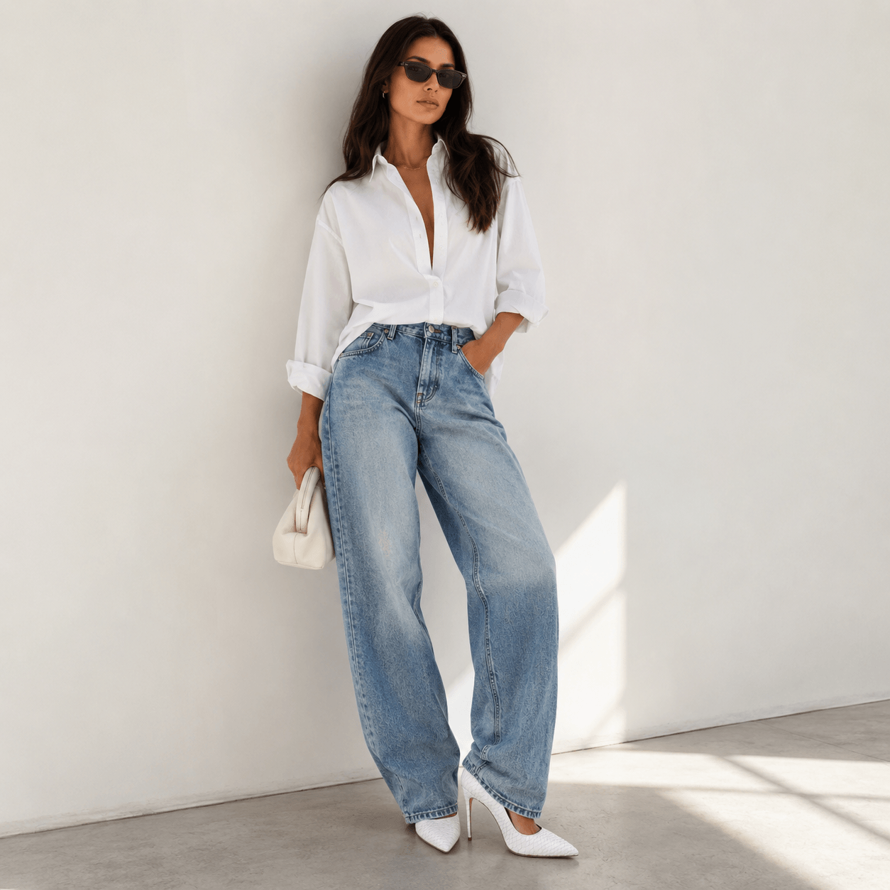 White Lady Pumps – LiBEAU Damen trägt weiße Snake-Optik High Heel Pumps zum lässigen Jeans-Look, casual chic Editorial | LiBEAU
