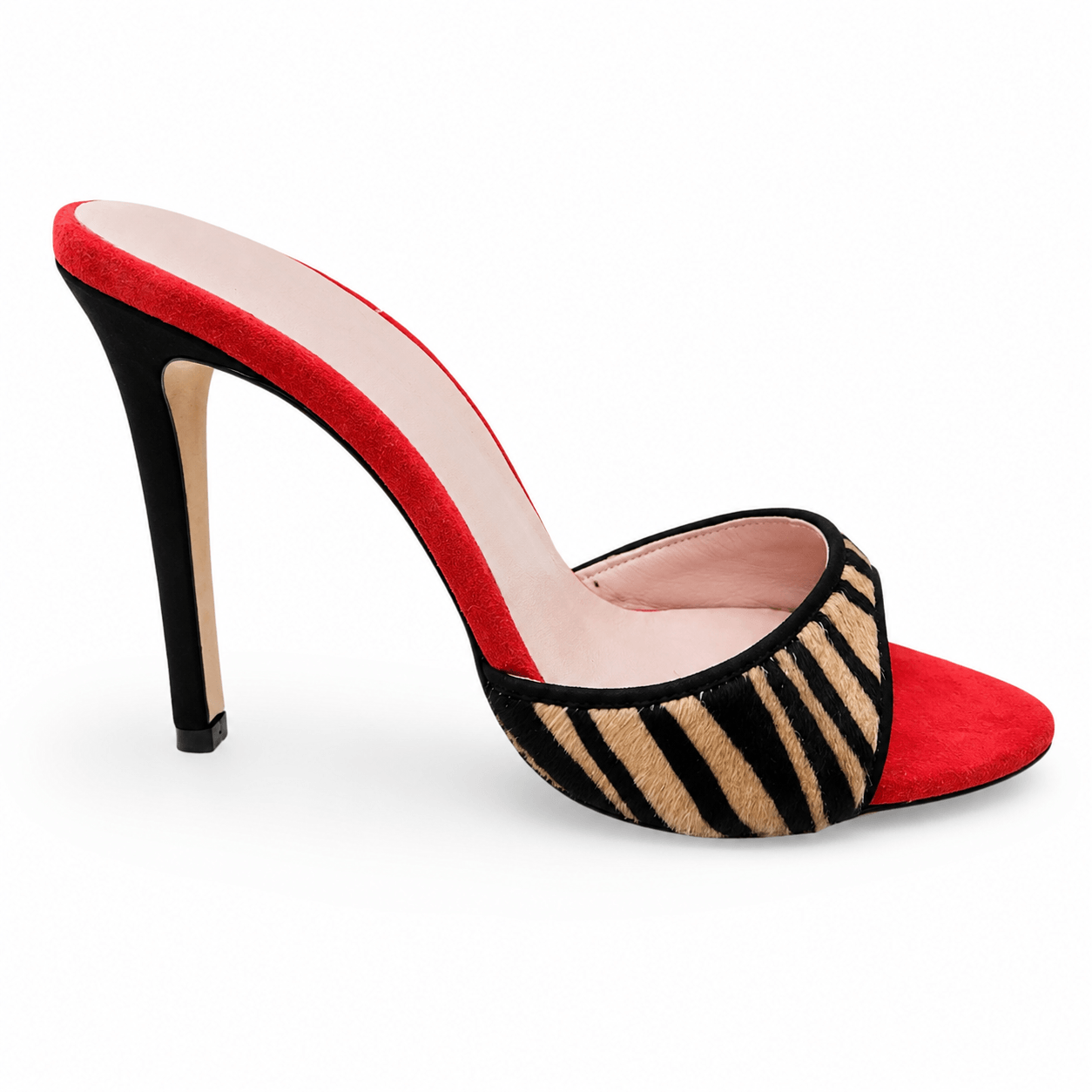 Zebrina Mules – LiBEAU Zebra-Wildleder-Mules seitlich, kühner 9 cm Absatz Schwarz-Rot-Zebramuster, Seitenansicht | LiBEAU
