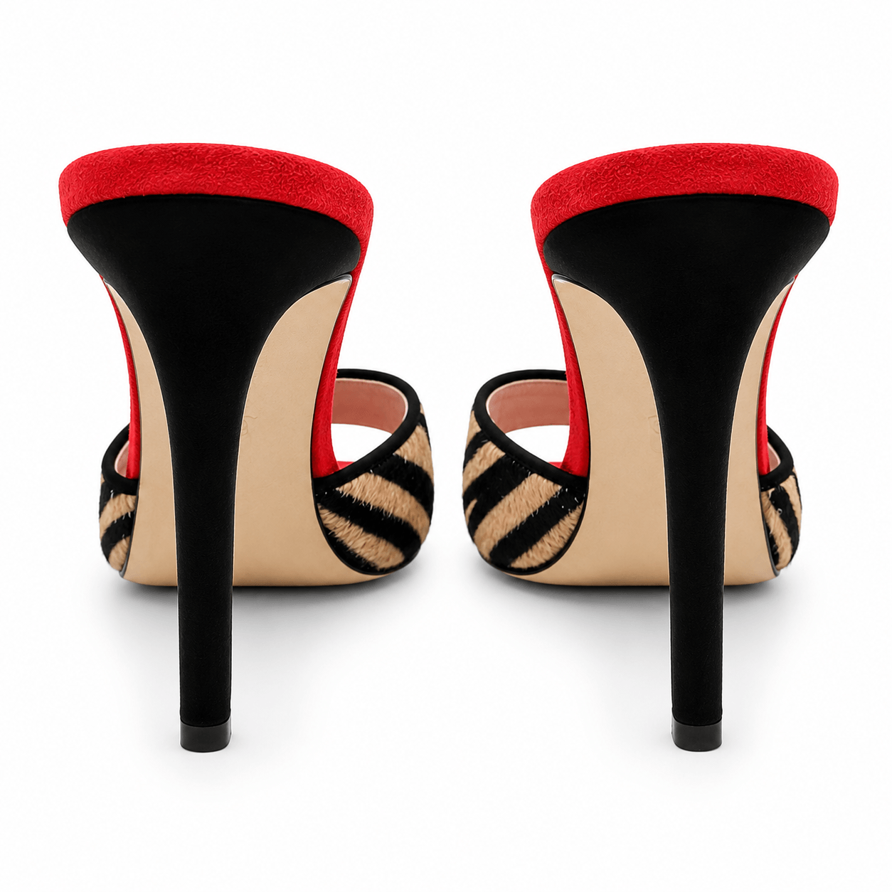 Zebrina Mules – LiBEAU 9 cm Absatz Zebra-Wildleder schwarz/rot, Detailansicht Absatz | LiBEAU
