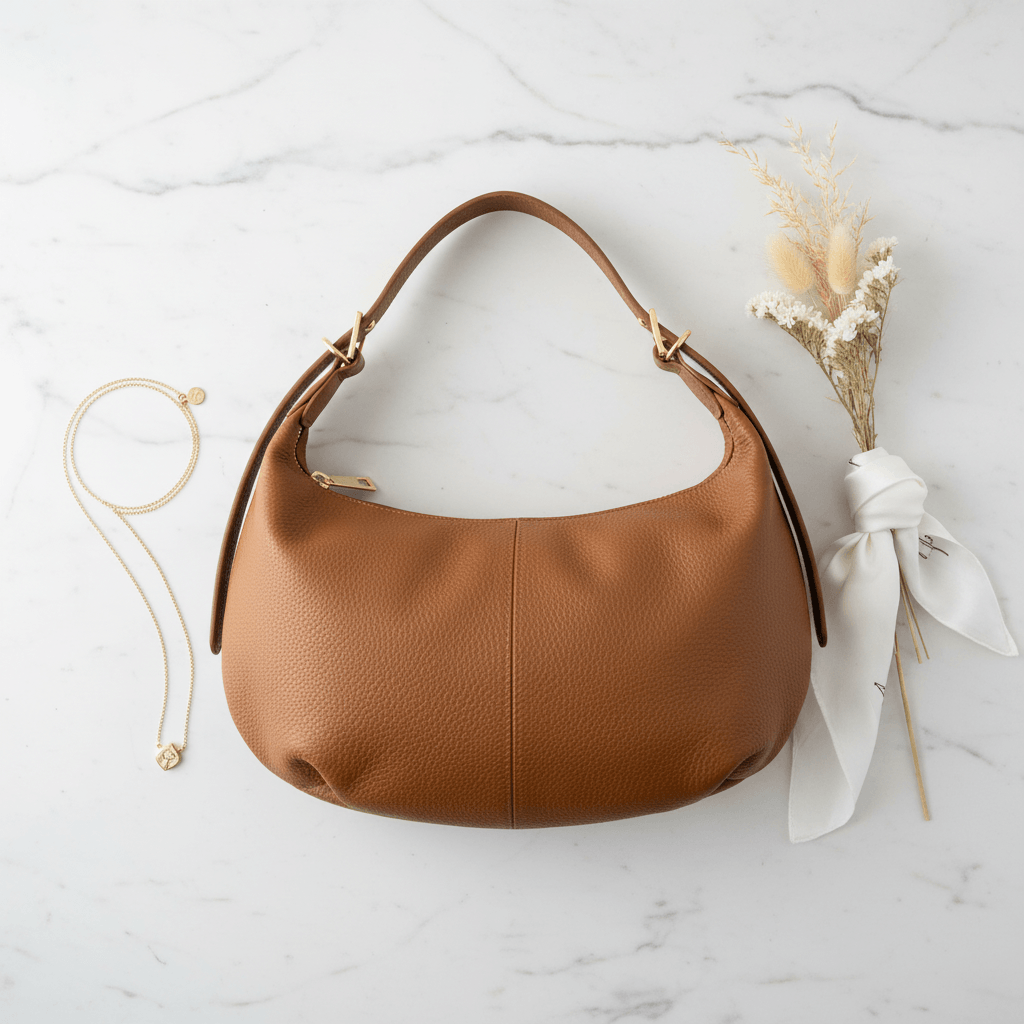 Bag Fanni – Cognac Leder Hobo Tasche, Flat Lay auf Marmor mit Goldaccessoires | LiBEAU
