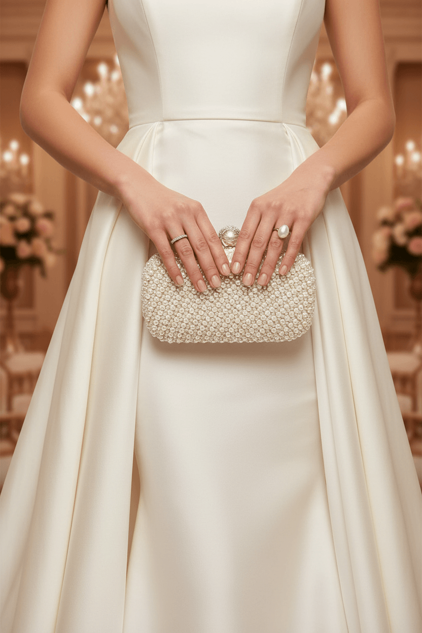 Clutch Celeste – Elegante Hände halten Perlen-Clutch zum weißen Abendkleid, Bridal Look | LiBEAU
